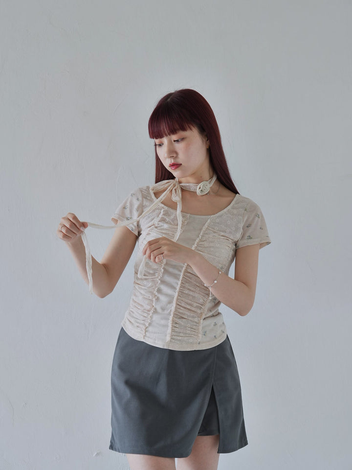 【7月上旬発送予定】mesh ruched floral top