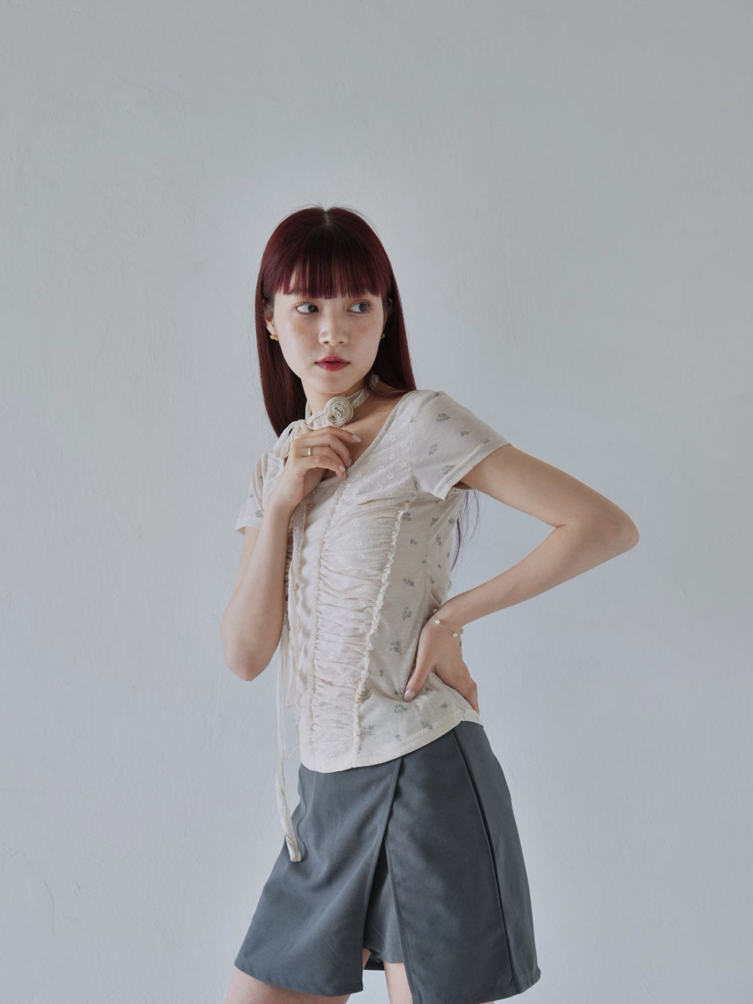 【7月上旬発送予定】mesh ruched floral top