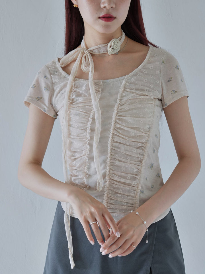 【7月上旬発送予定】mesh ruched floral top