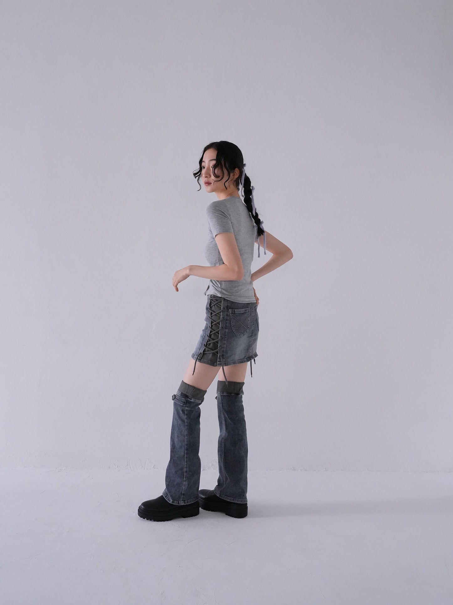 separate denim skirt & leg warmer