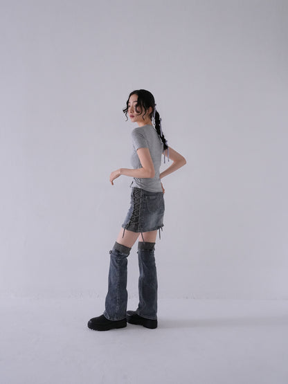 separate denim skirt & leg warmer