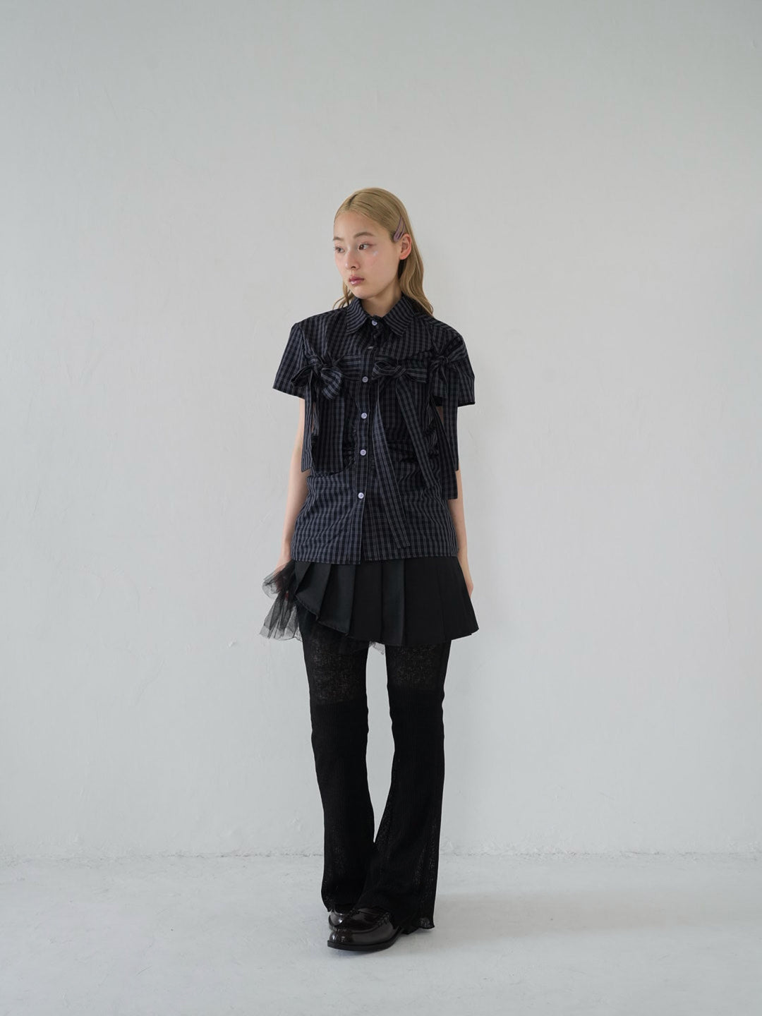 w ribbon check blouse