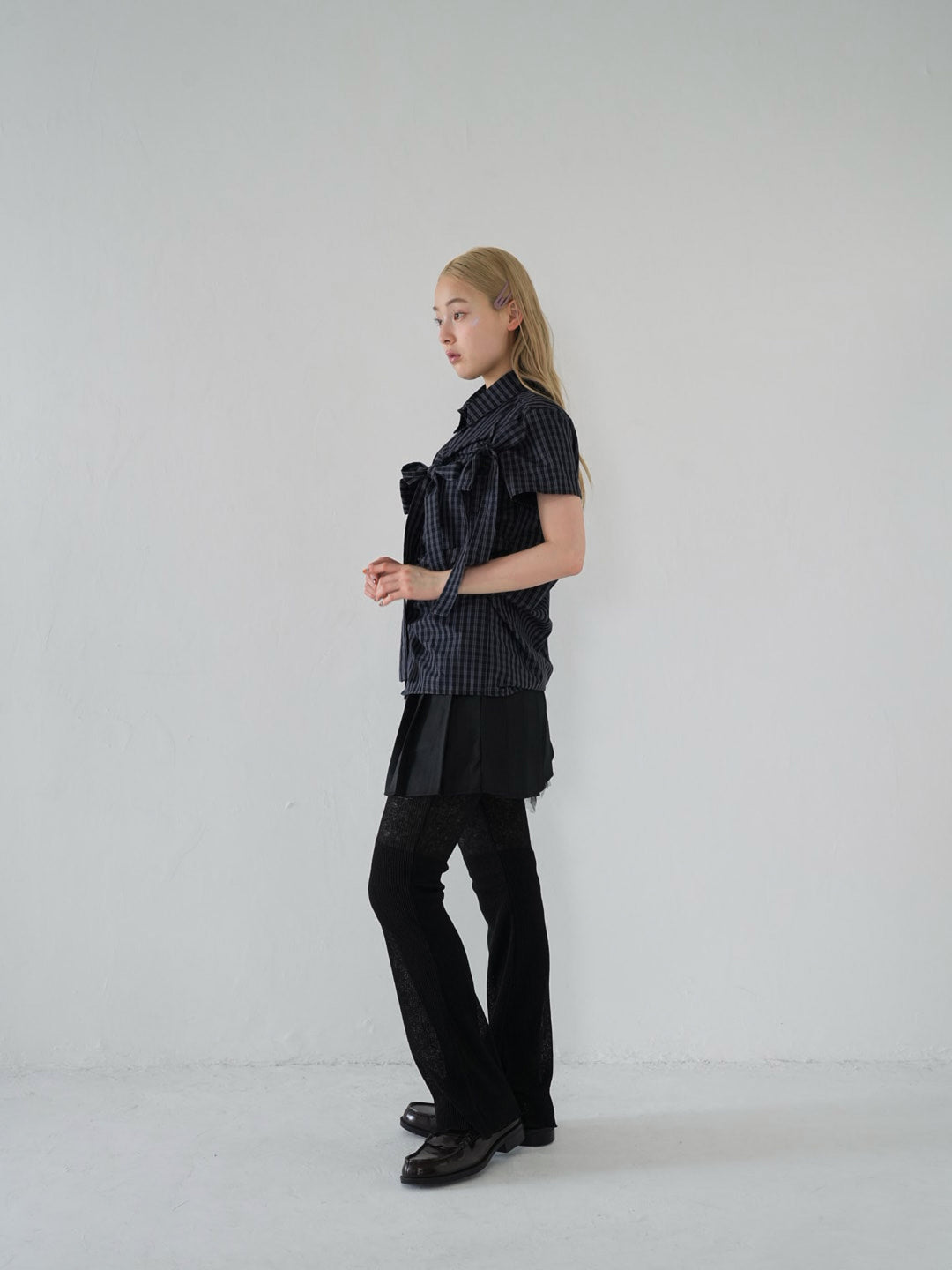 w ribbon check blouse