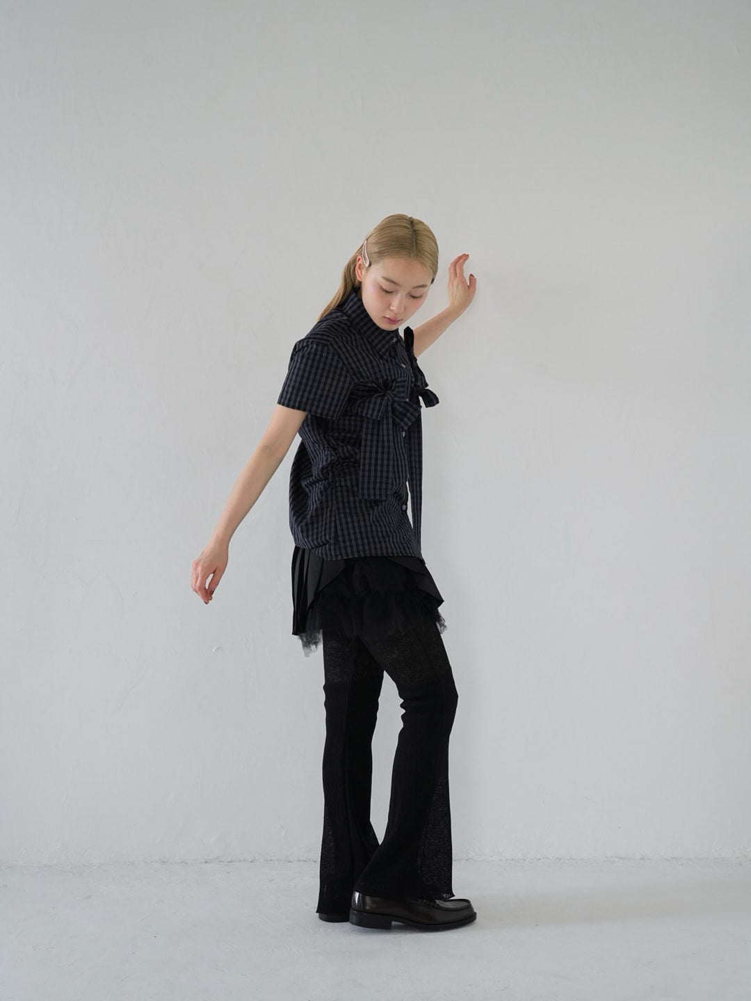 w ribbon check blouse