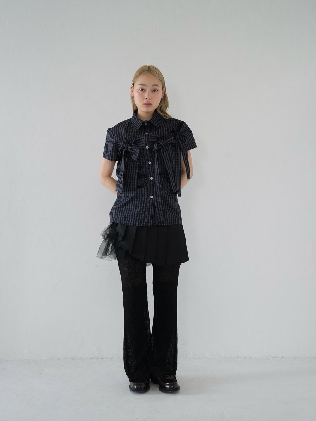 w ribbon check blouse