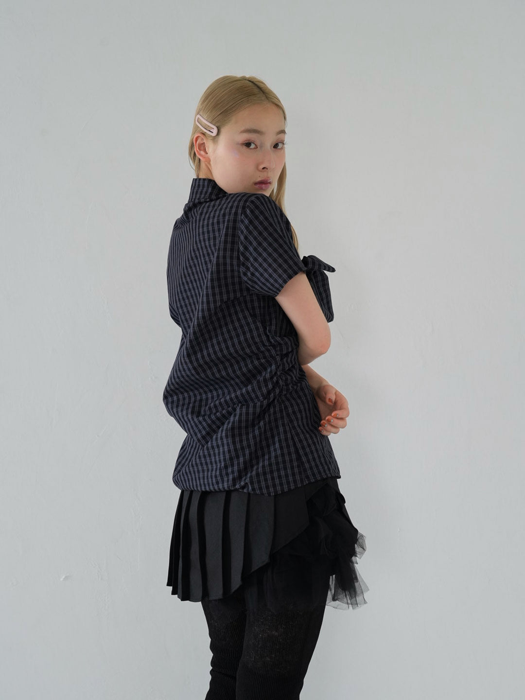 w ribbon check blouse