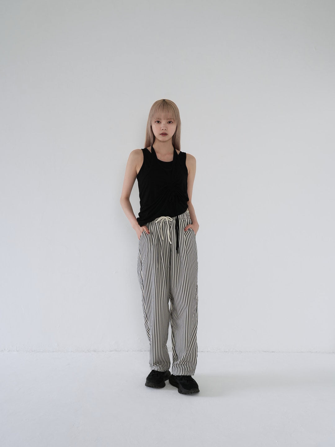 striped drawstring wide pants