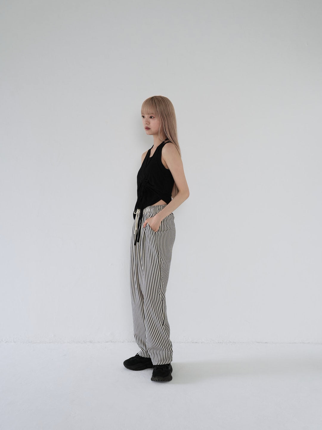 striped drawstring wide pants