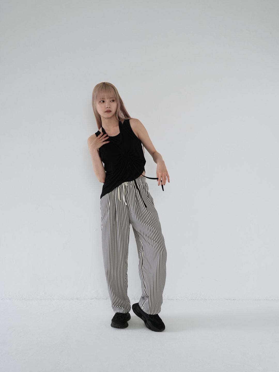 striped drawstring wide pants