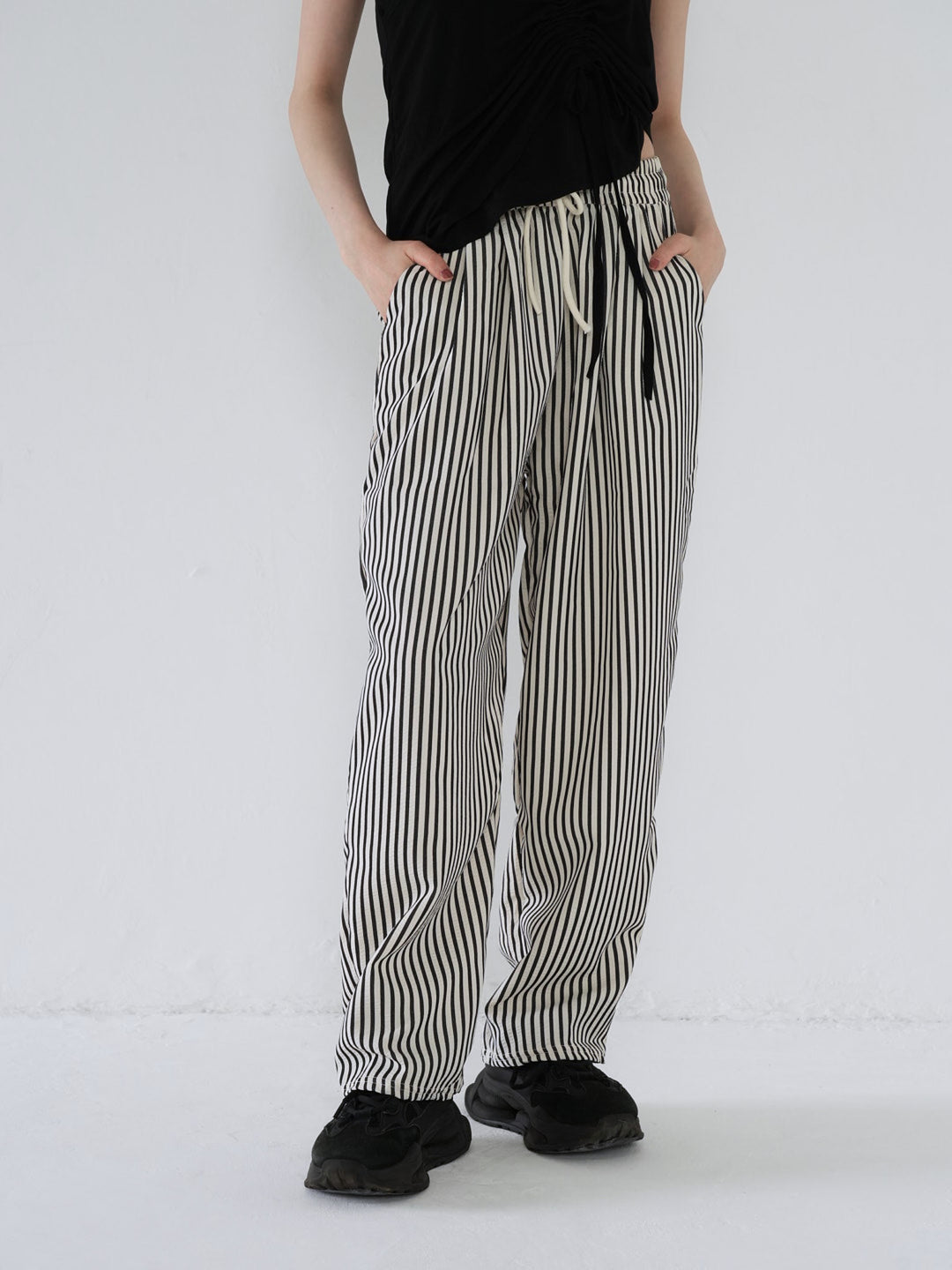 striped drawstring wide pants