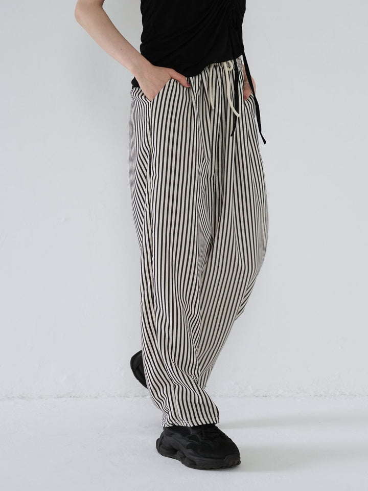 striped drawstring wide pants