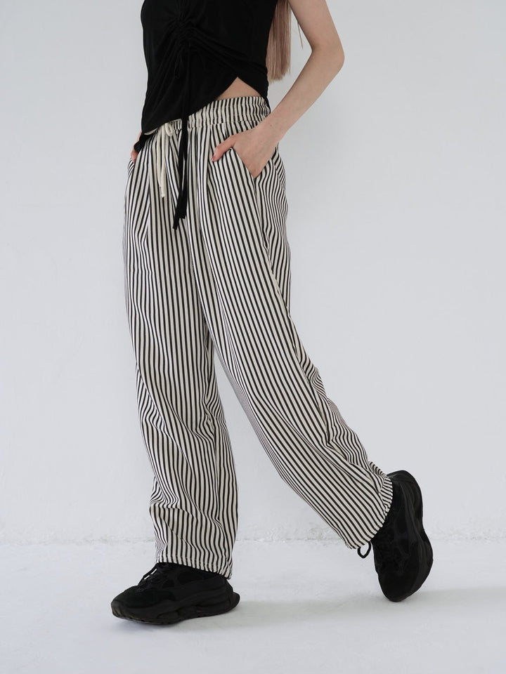 striped drawstring wide pants