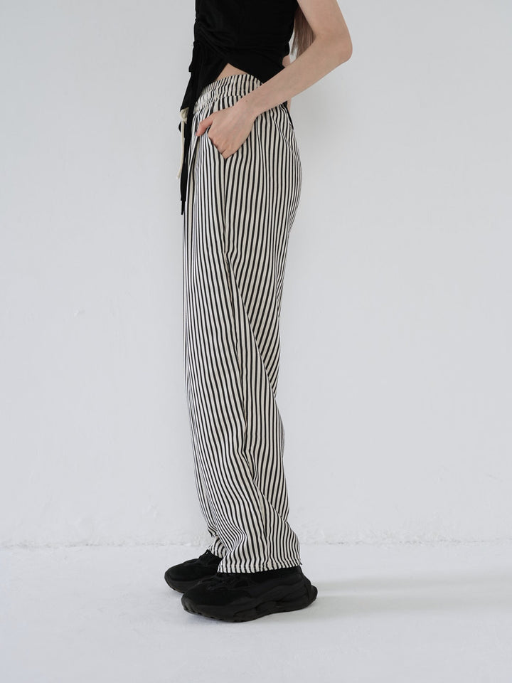 striped drawstring wide pants