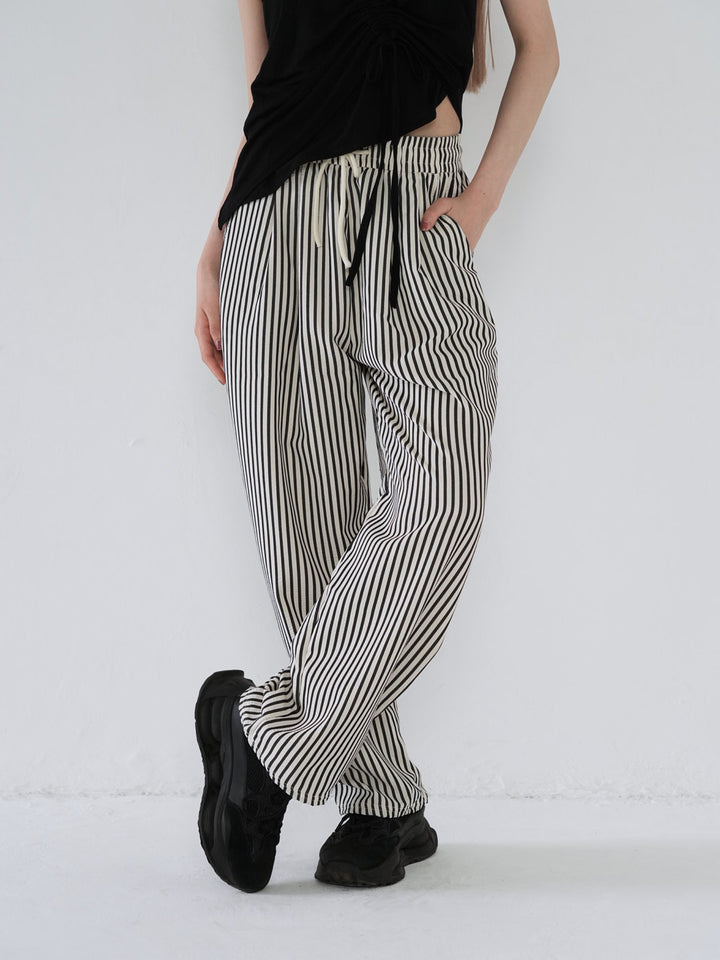striped drawstring wide pants