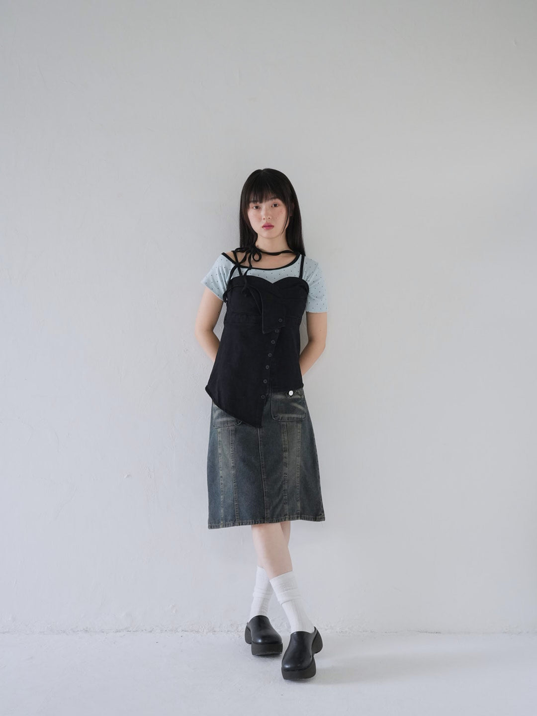 button front denim bustier top