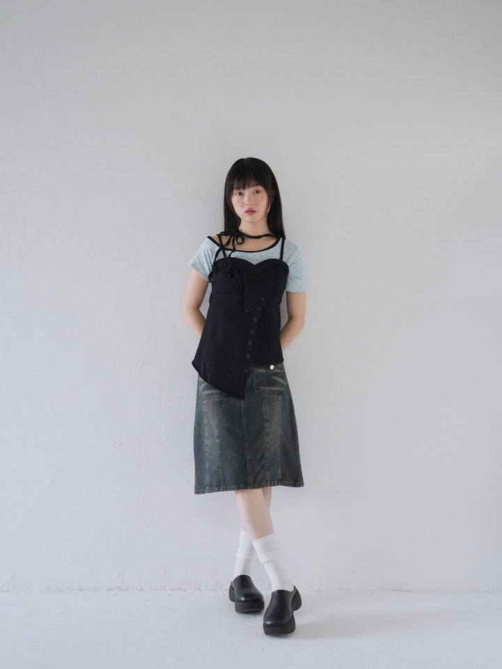 button front denim bustier top