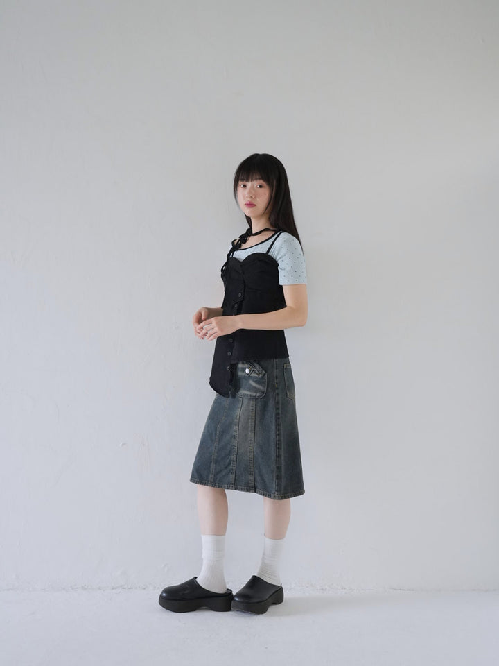 button front denim bustier top