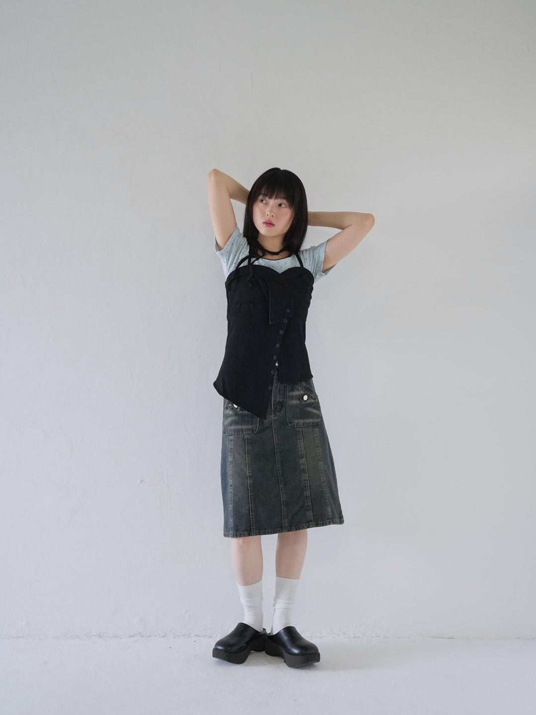 button front denim bustier top