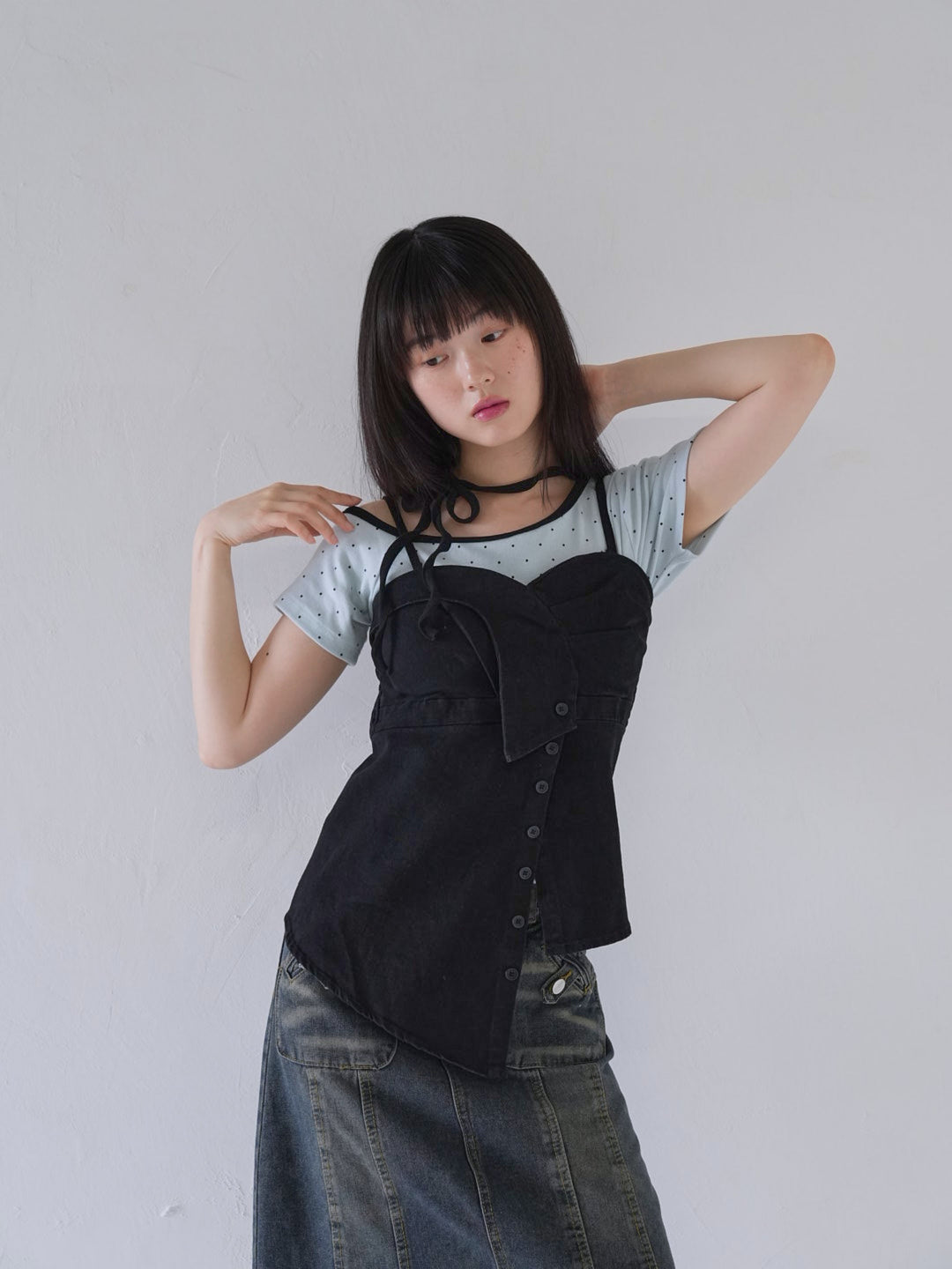 button front denim bustier top