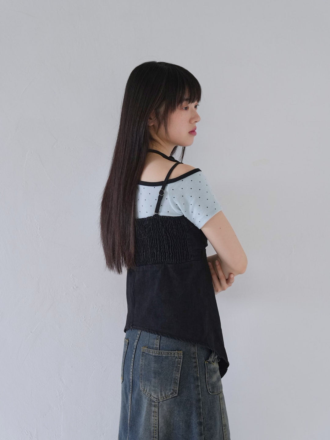 button front denim bustier top