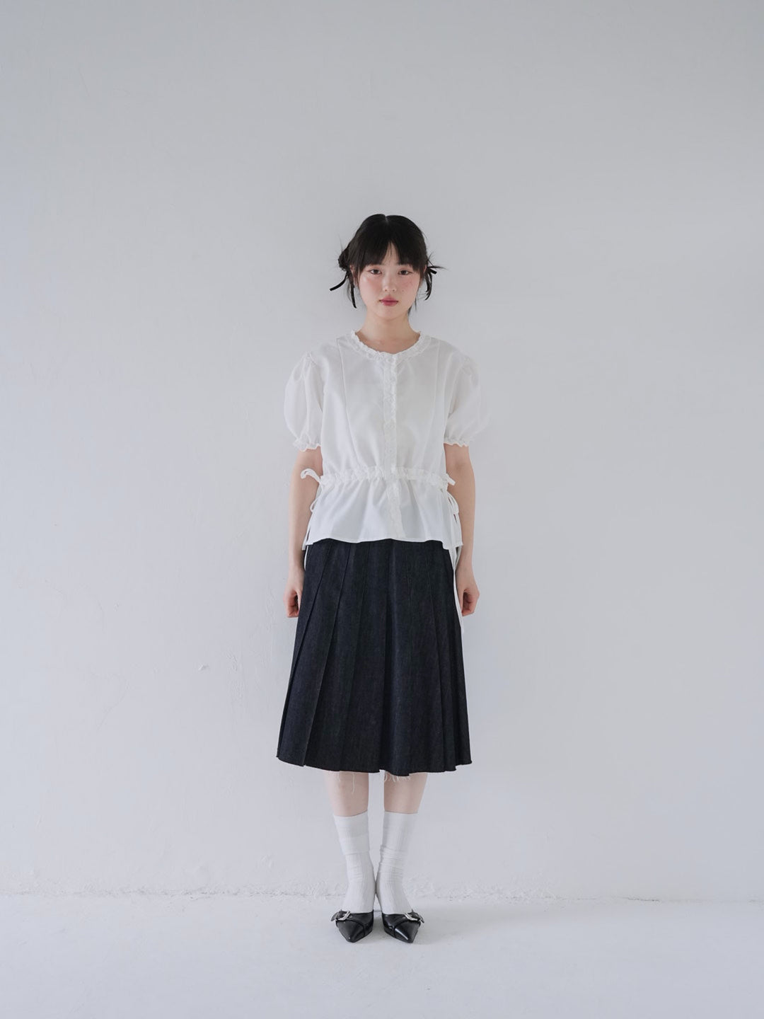 ruffle trim puff sleeve blouse