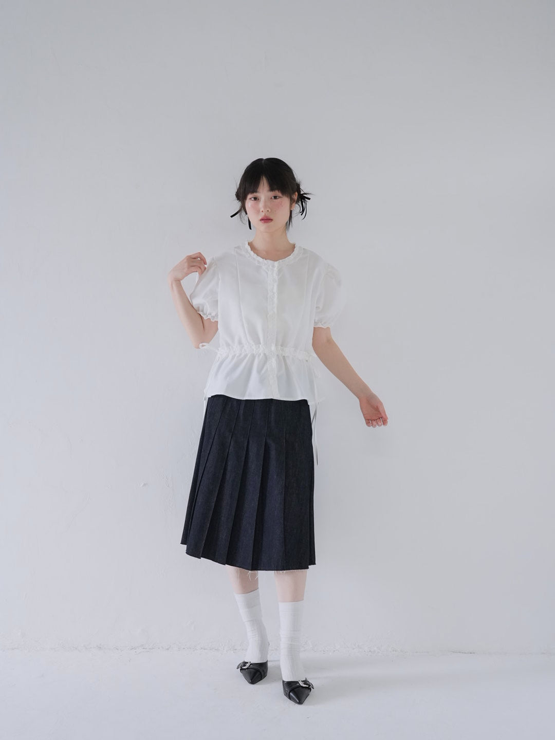 ruffle trim puff sleeve blouse