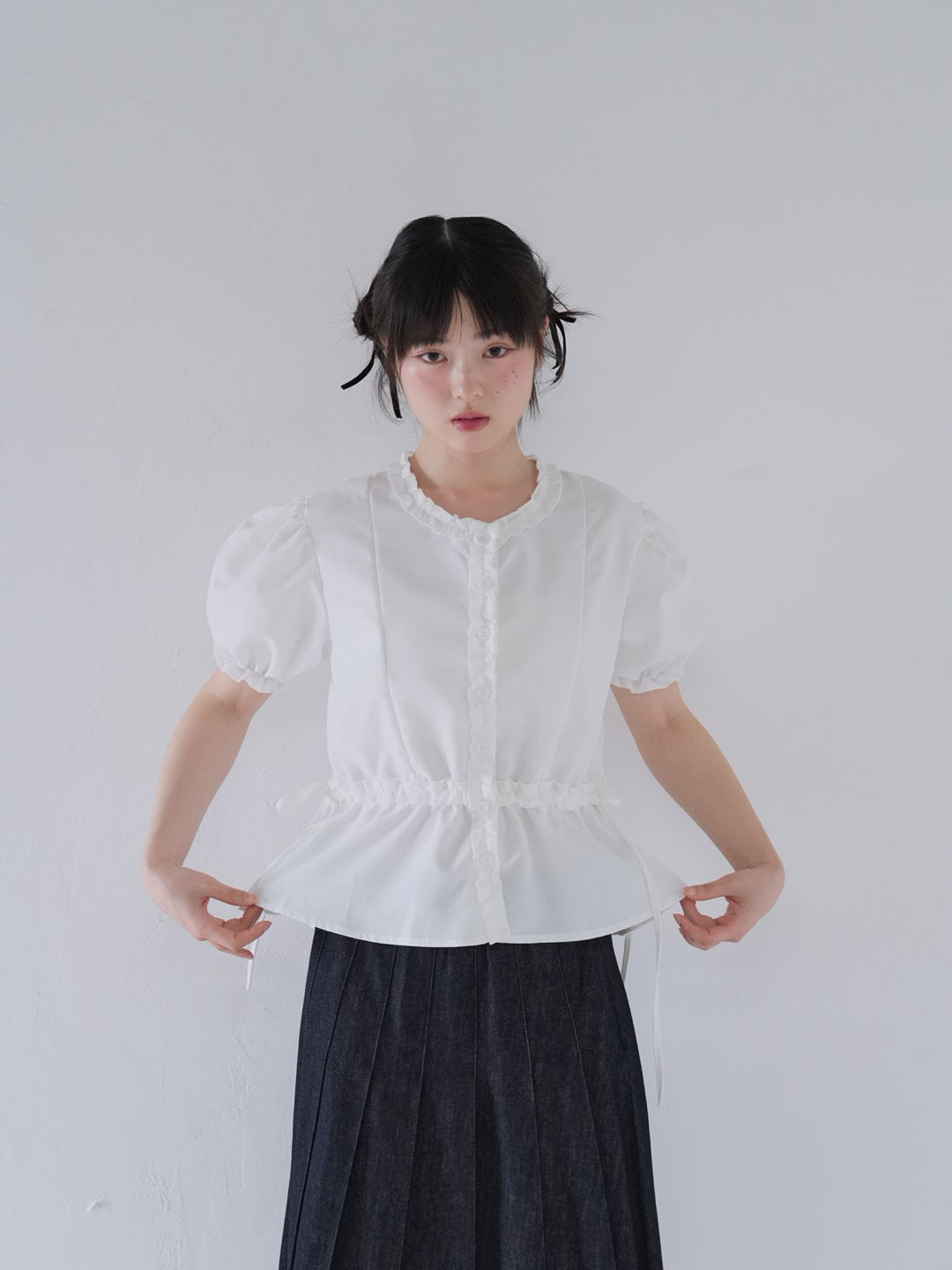 ruffle trim puff sleeve blouse