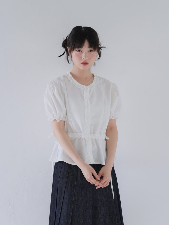 ruffle trim puff sleeve blouse