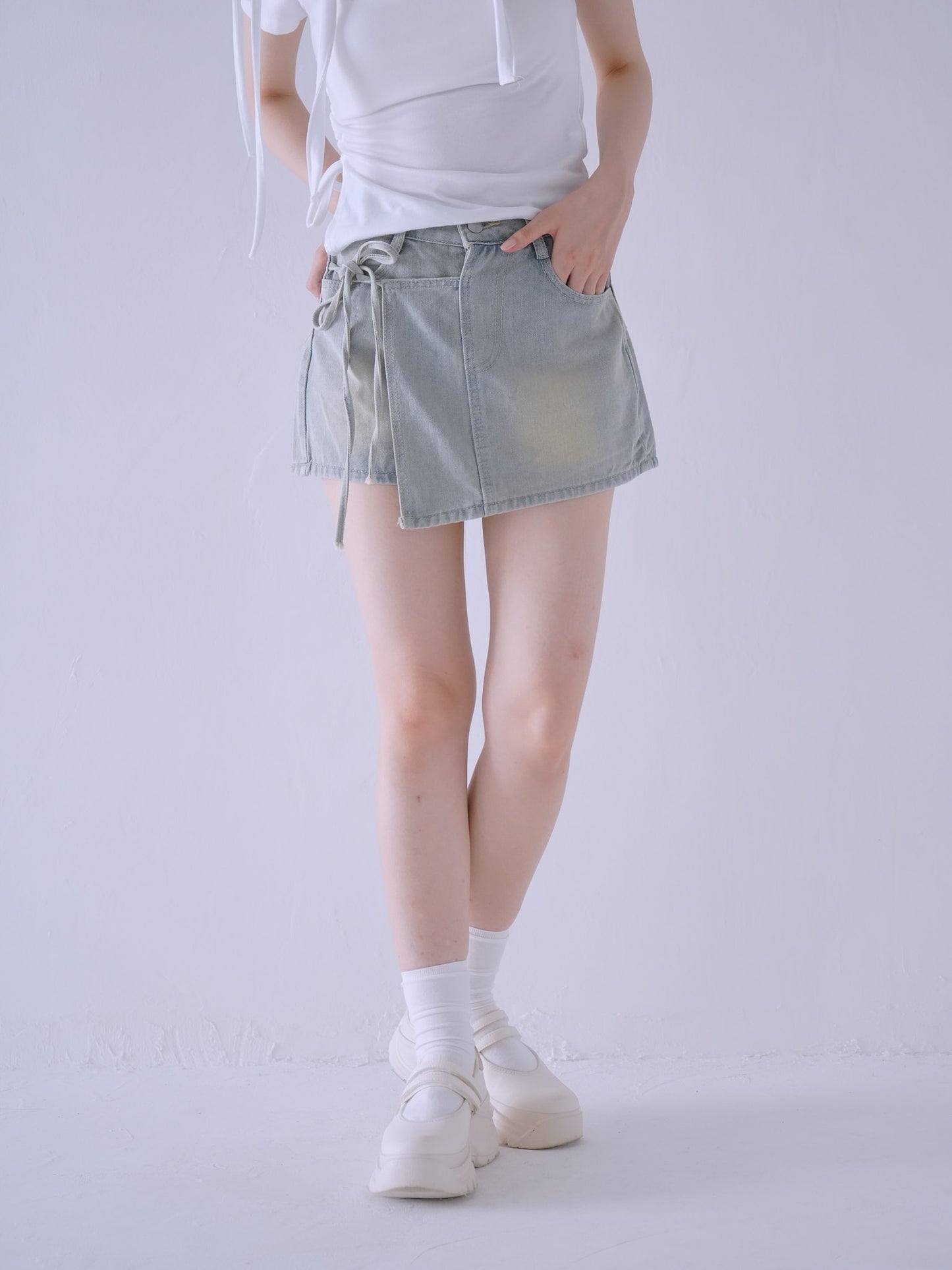 wrap denim shorts