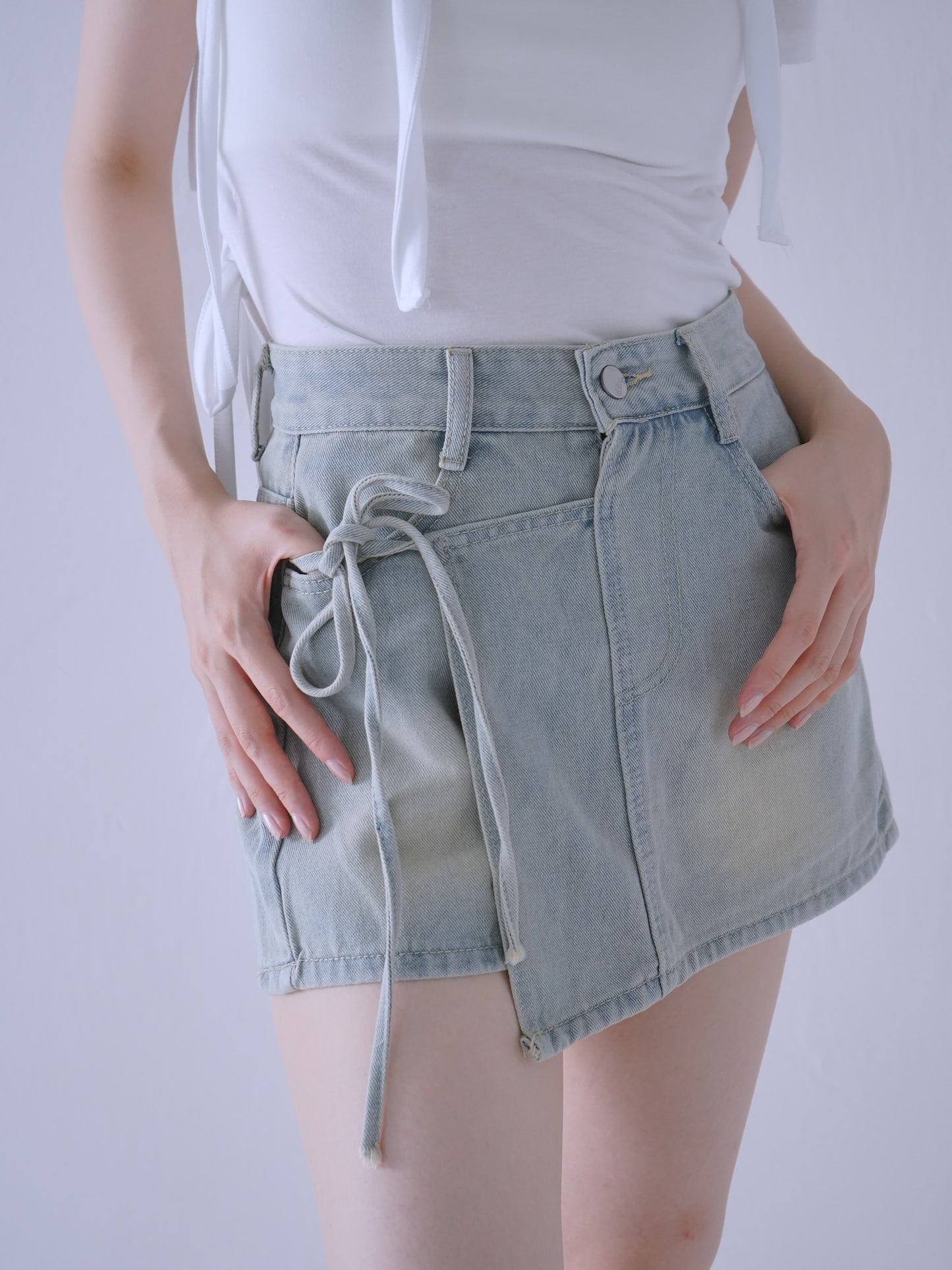 wrap denim shorts