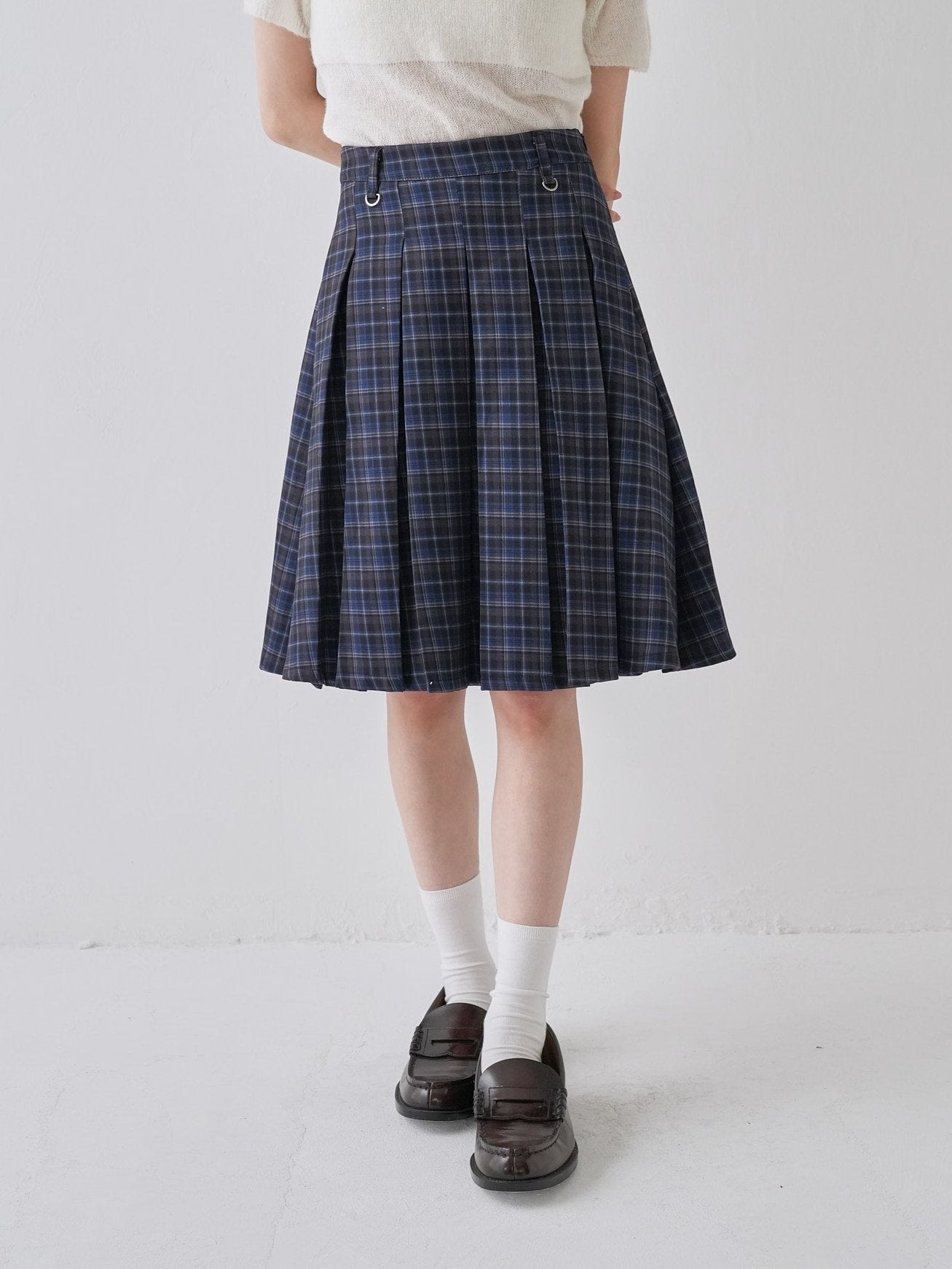 box pleats check midi skirt