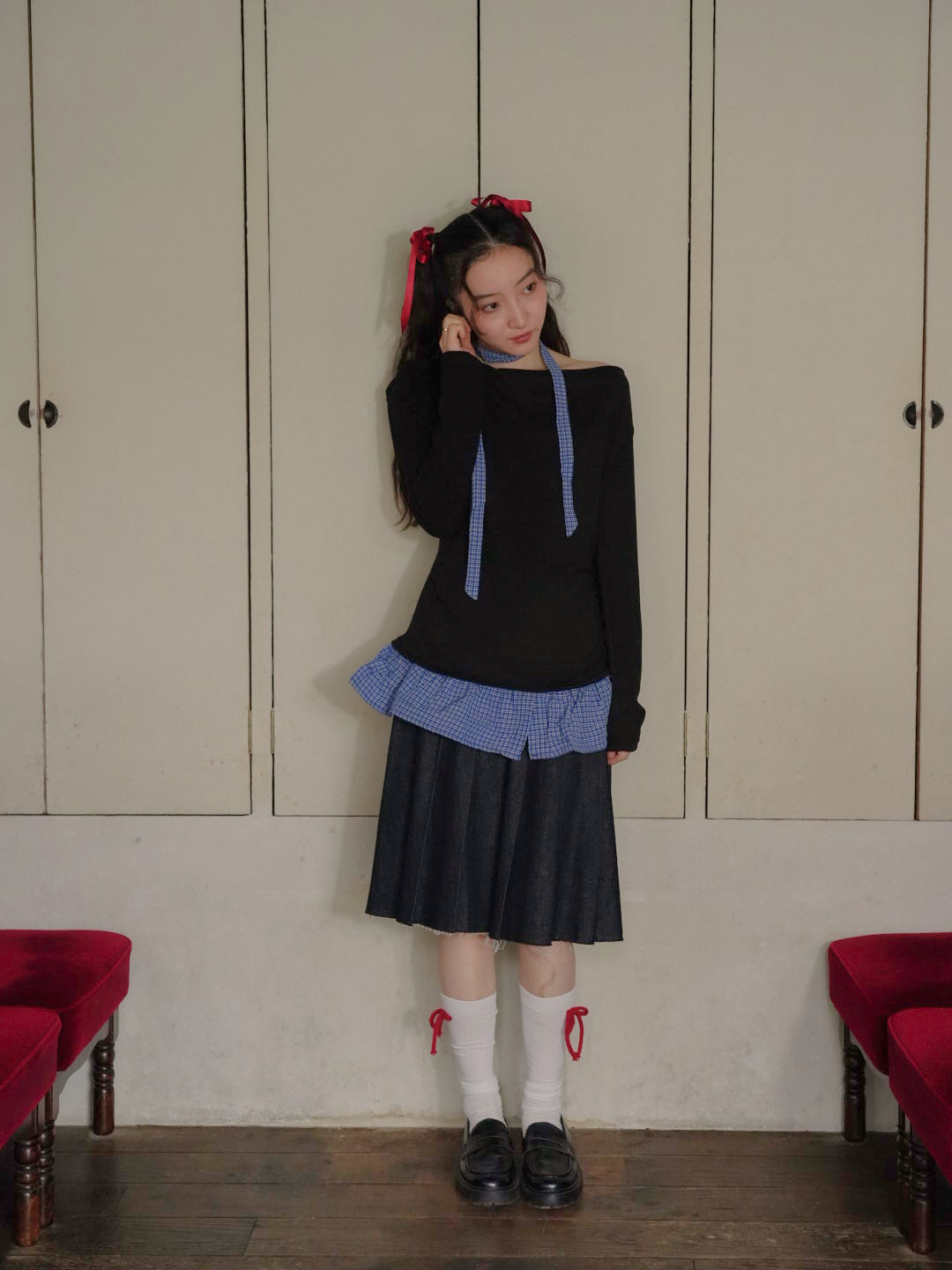 layered check offshoulder tee