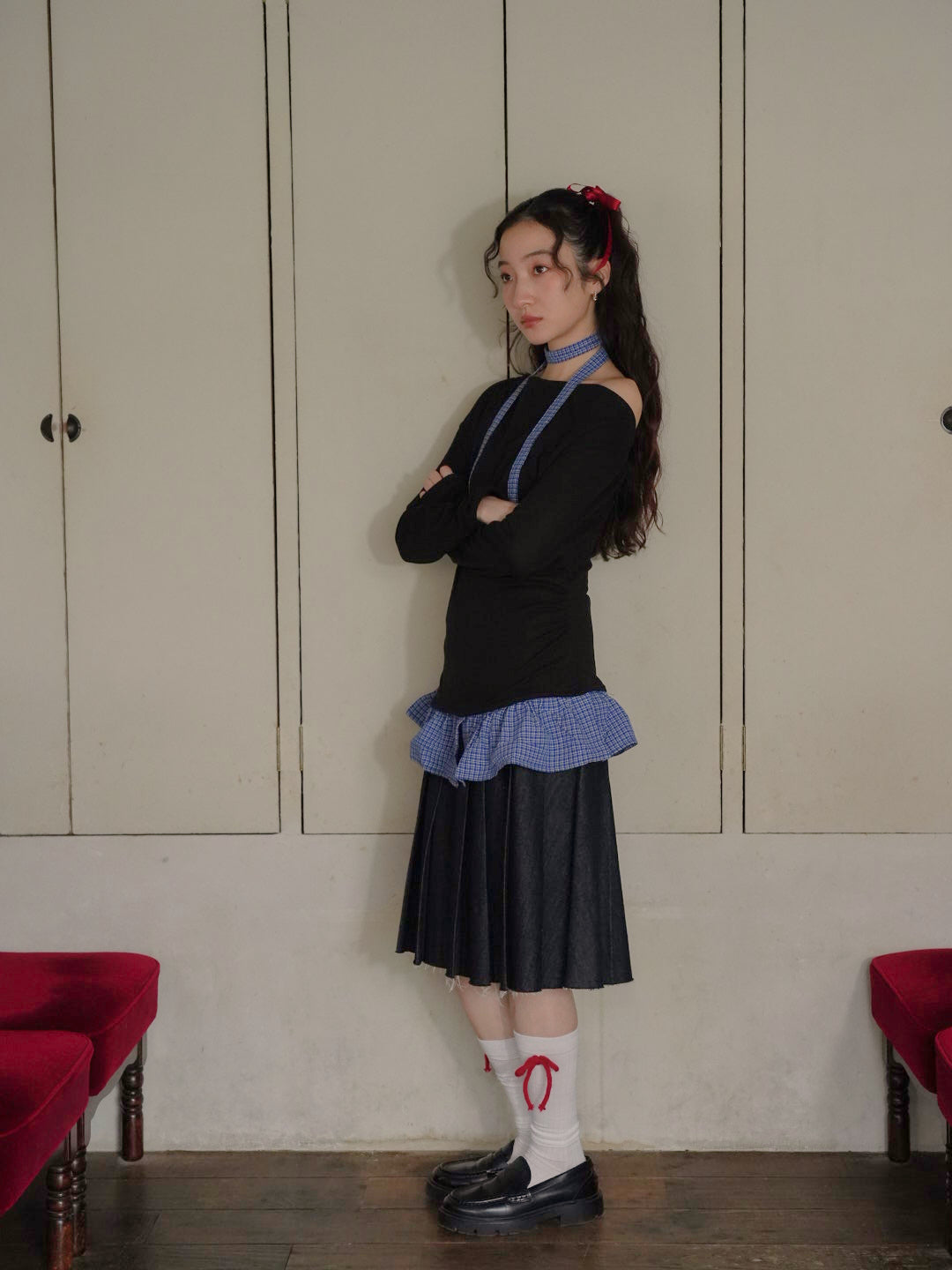 layered check offshoulder tee