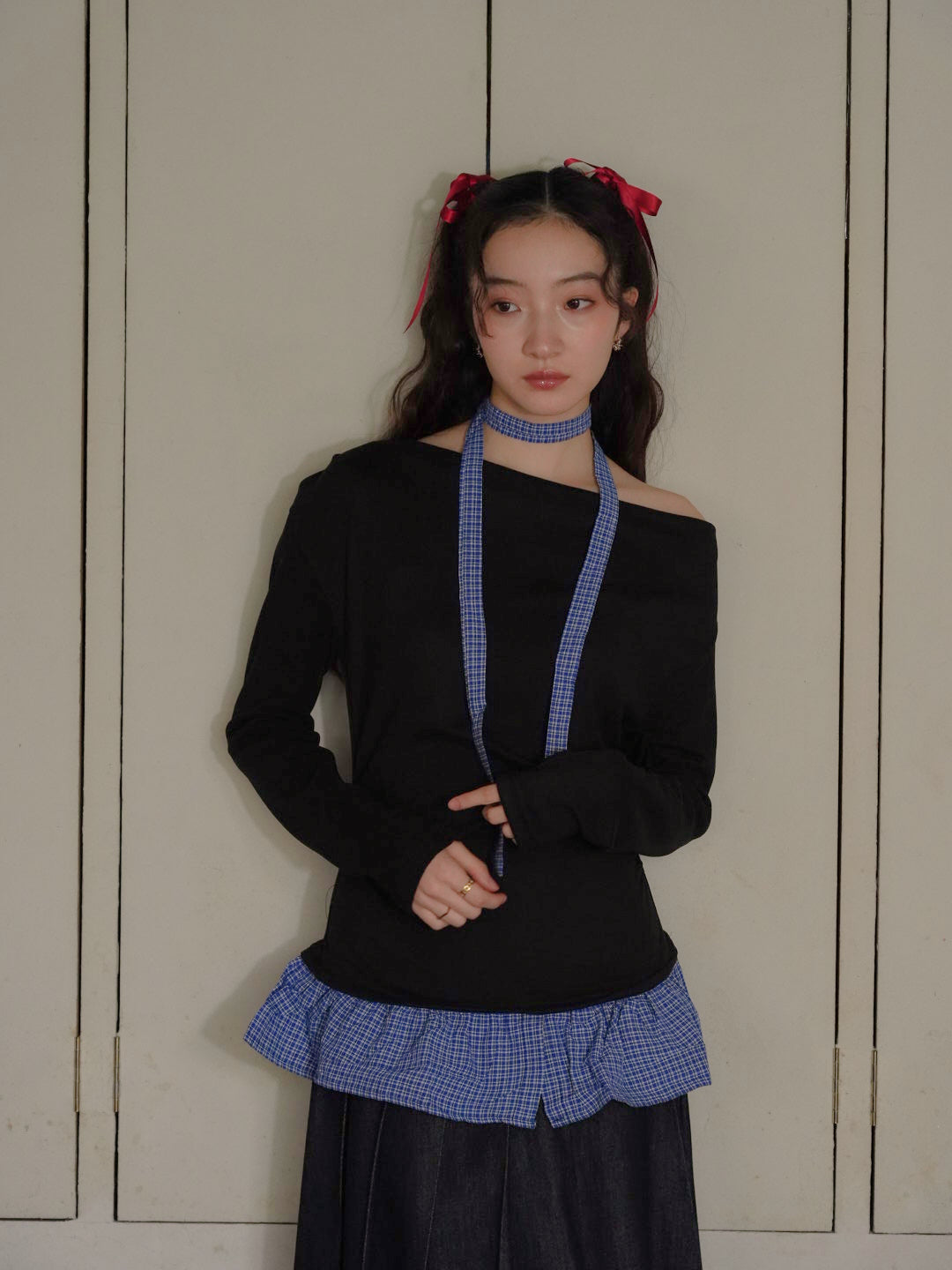 layered check offshoulder tee – Uenui